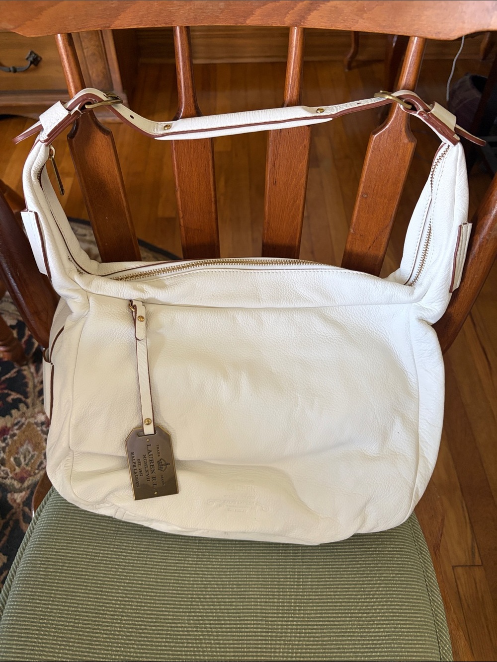 Ralph Lauren White Pebbled Leather Shoulder Bag with Gold Hardware